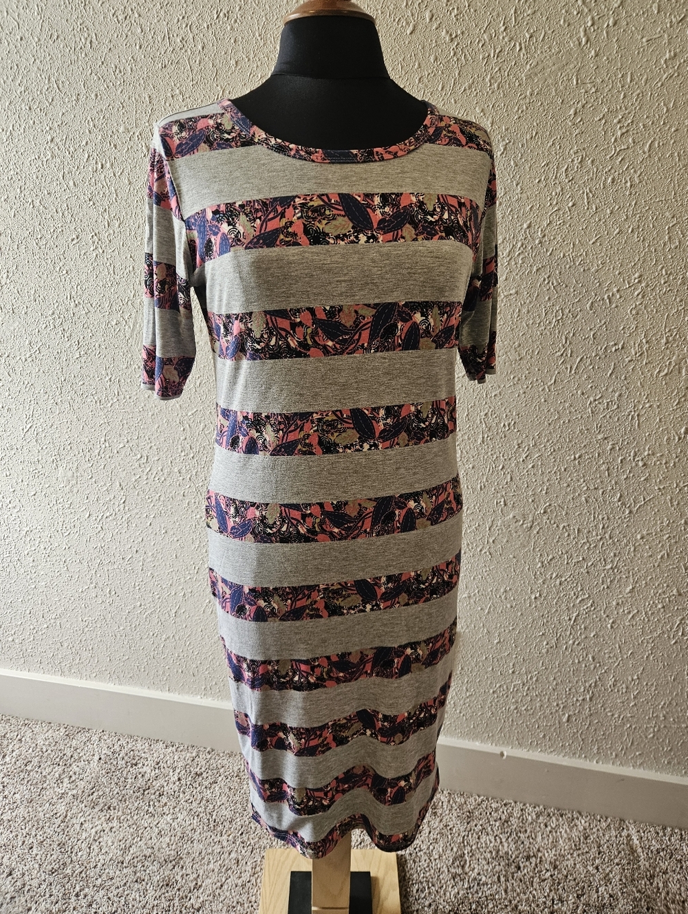 LuLaRoe Julia Dress Size M Pink Floral & Gray Striped Bodycon Midi